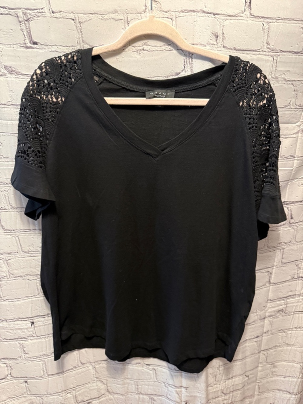 Grace Black V-Neck Short Sleeve Top with Crochet Shoulders - Picture 1 of 6